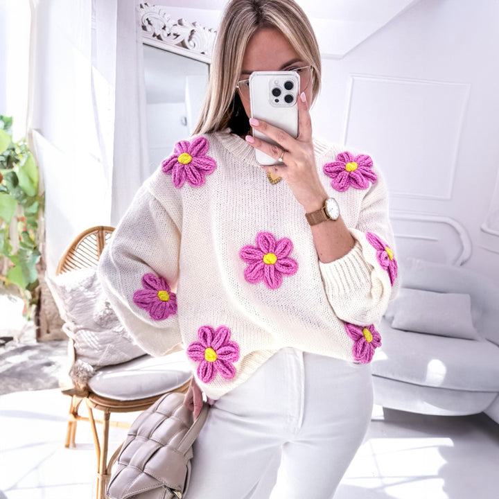 White Floral Crochet Chunky Knit Sweater