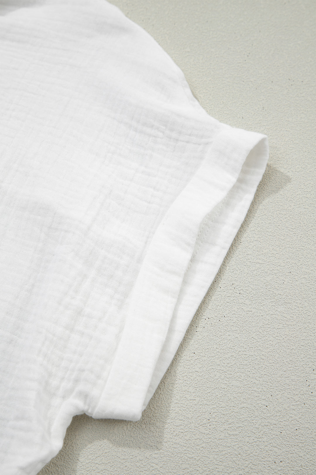 White Cotton Lace Trim Cuffed Short Sleeve Textured Shirt