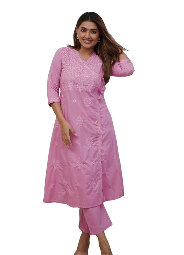 Embroidered A-Line Kurta with V-Neck &amp; Three-Quarter Sleeves