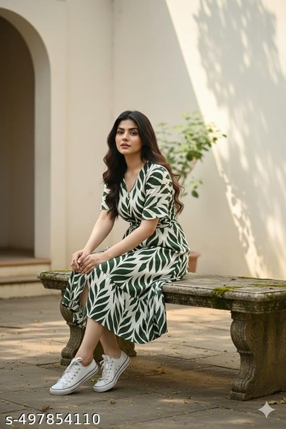 White &amp; Green Leaf Print Button Front Tie Waist Midi Dress