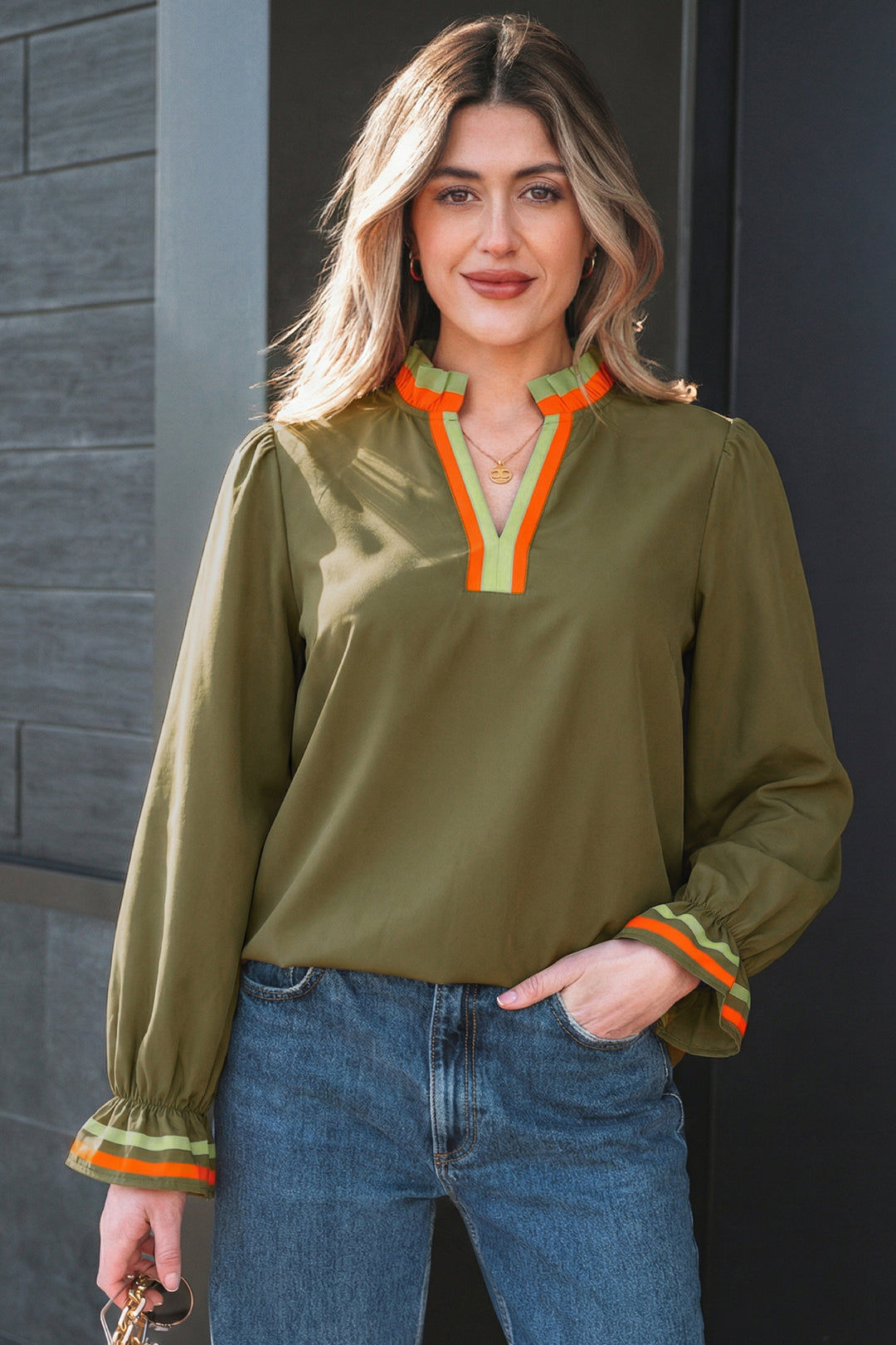 Four Leaf Clover Striped Trim Ruffle Split Neck Long Sleeve Blouse