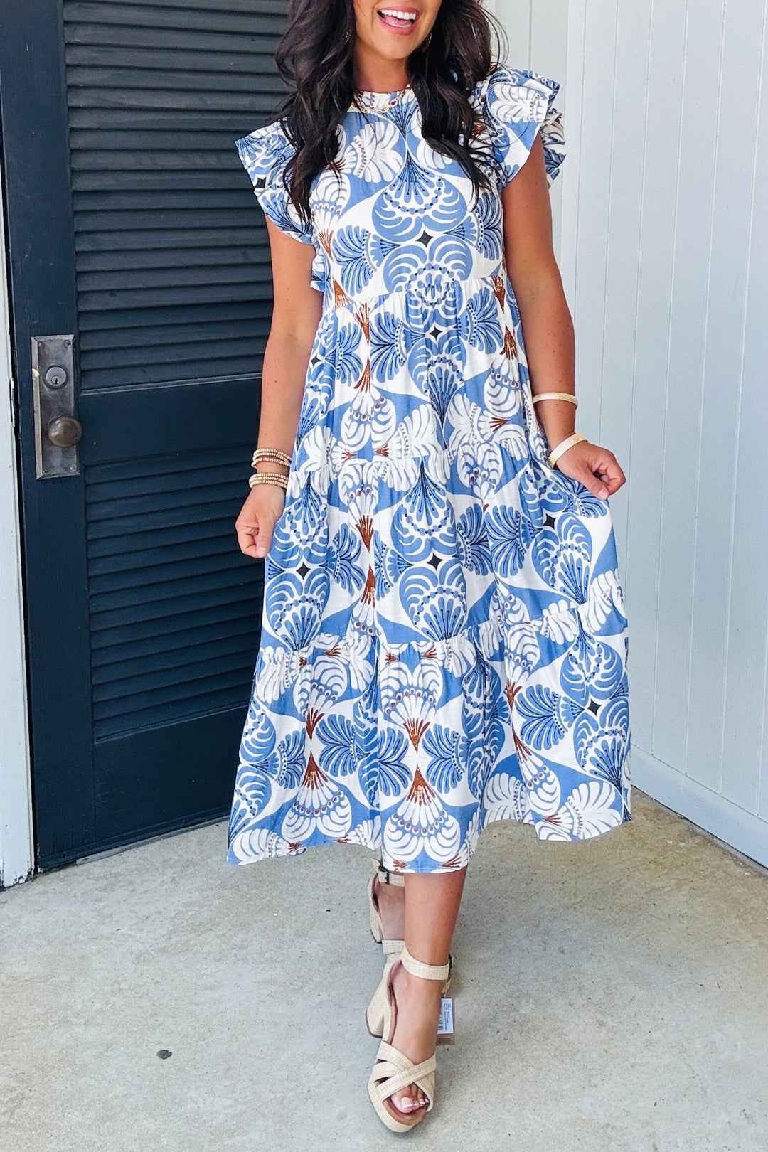 Sky Blue Tropical Botanic Print Flutter Sleeve Vacation Long Dress