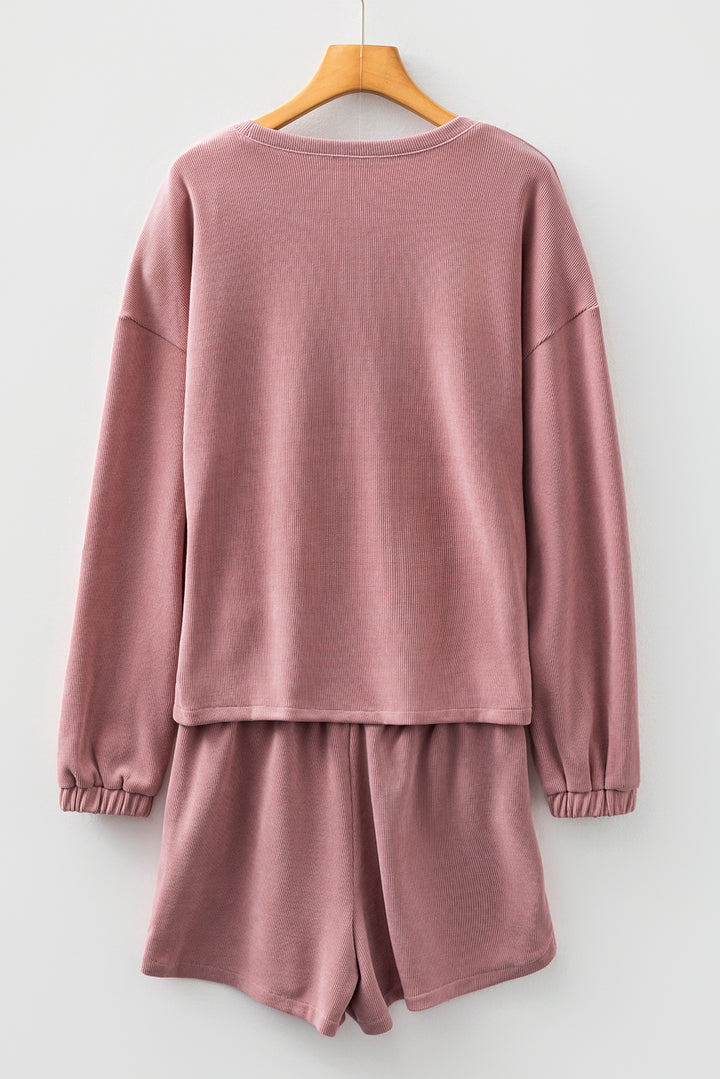 Fushia Solid Color Textured Knit Drop Shoulder Pullover Drawstring Shorts Set