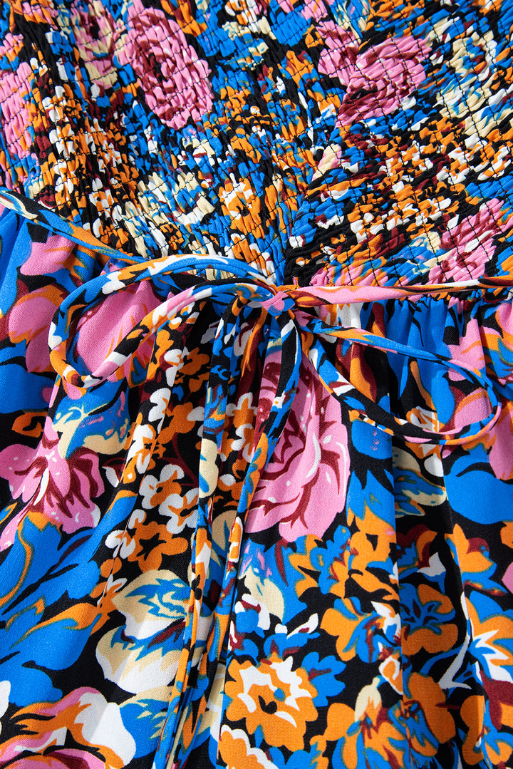 Pink Floral Smocked Bust Spaghetti Straps Wide Leg Jumpsuit