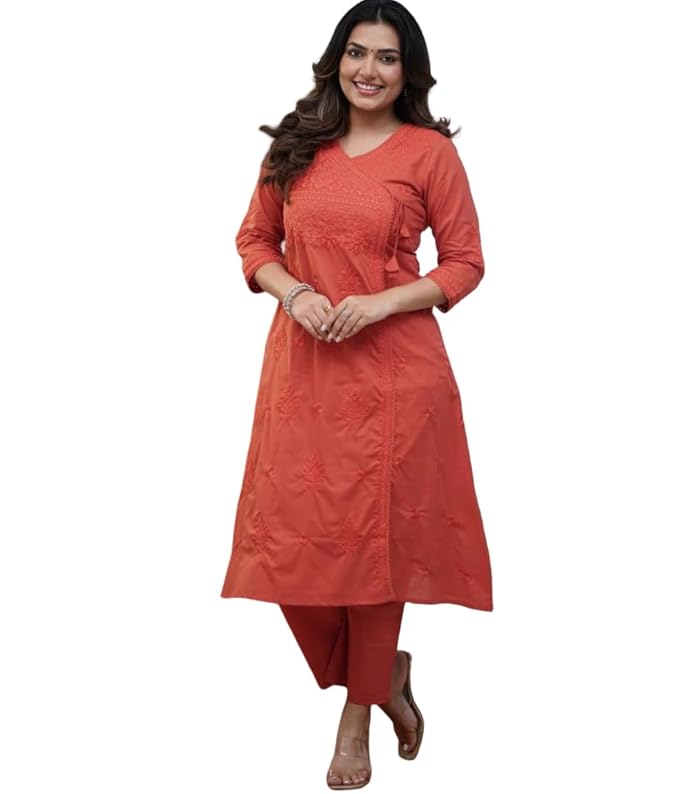 Embroidered A-Line Kurta with V-Neck &amp; Three-Quarter Sleeves