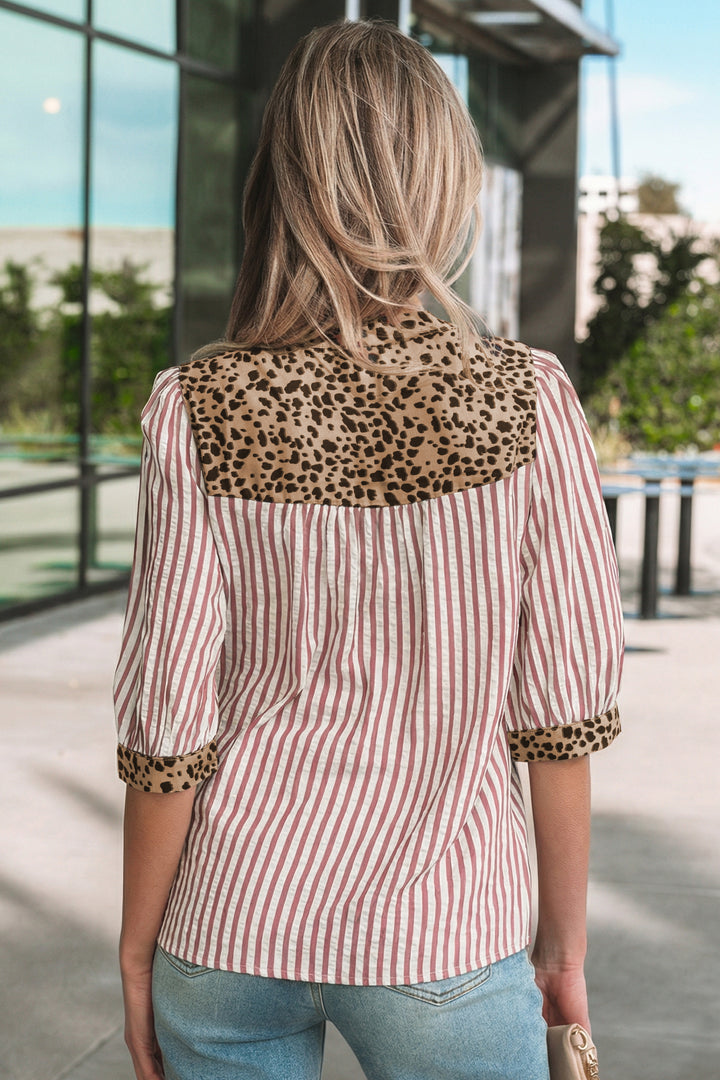 Pink Stripe Leopard Trim V Neck Button Down Half Sleeve Shirt