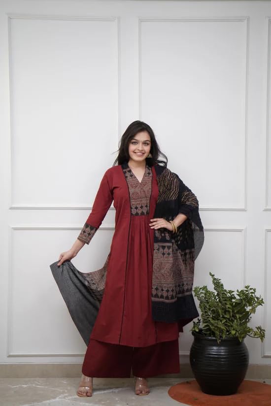 Women’s Ethnic Printed Kurta Set with Palazzo and Printed Dupatta