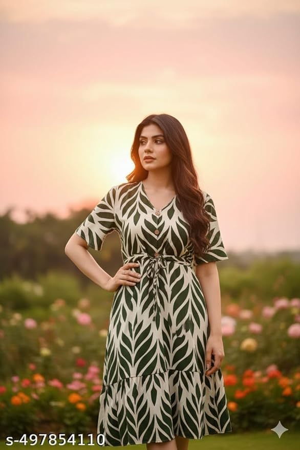 White &amp; Green Leaf Print Button Front Tie Waist Midi Dress