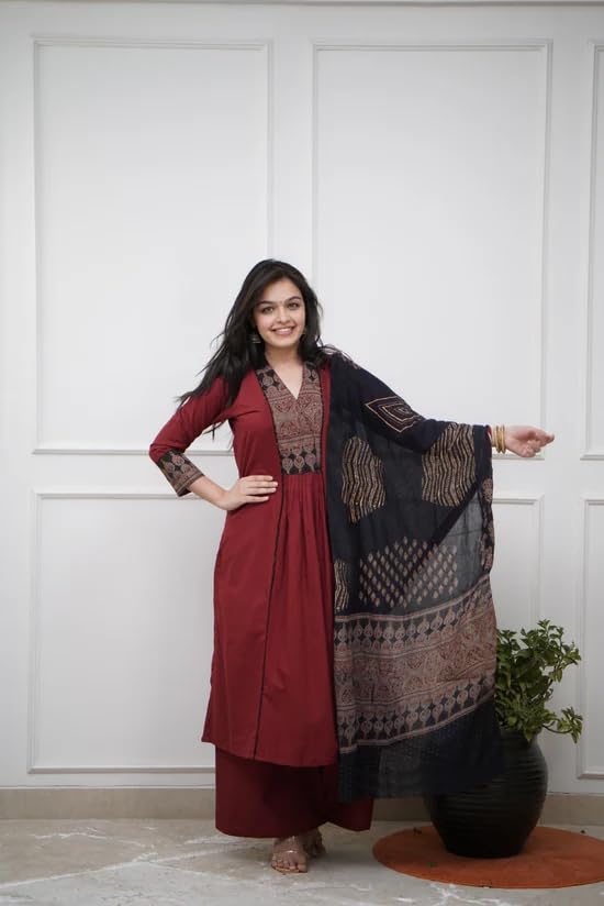 Women’s Ethnic Printed Kurta Set with Palazzo and Printed Dupatta