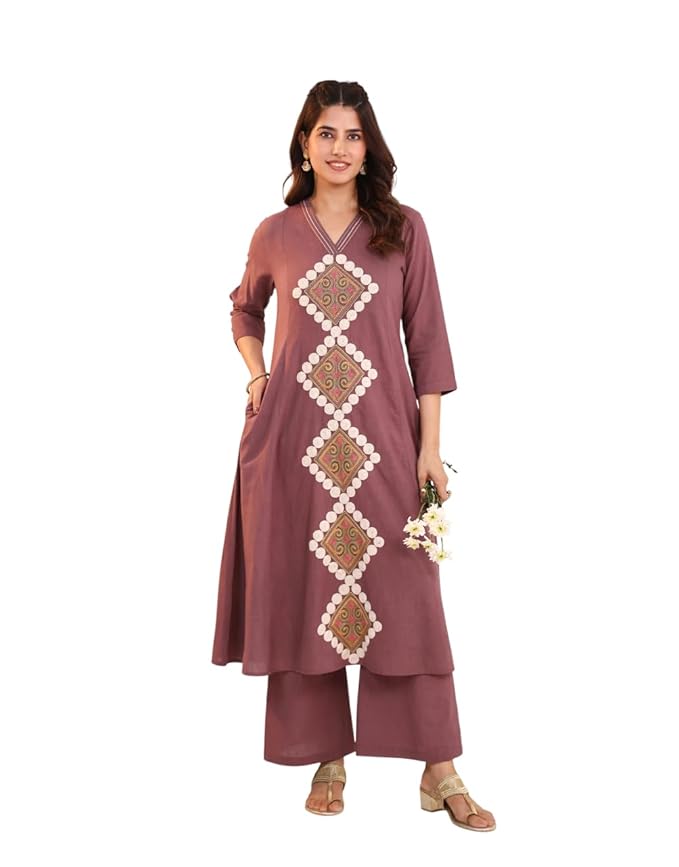 Women’s Mauve Embroidered Kurta Set with Palazzo Pants