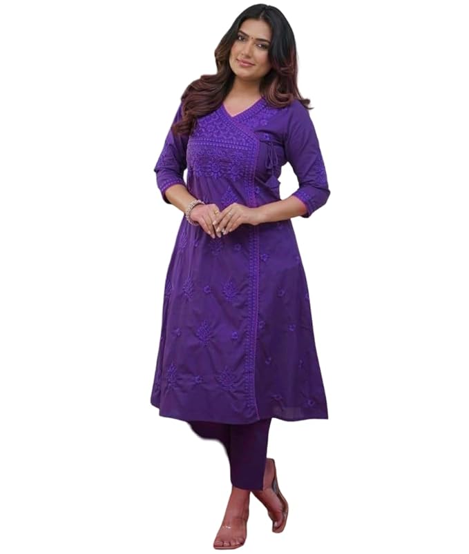 Embroidered A-Line Kurta with V-Neck &amp; Three-Quarter Sleeves
