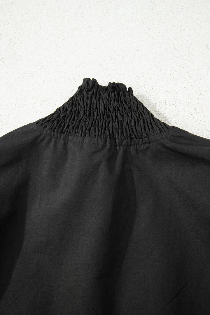 Black Puffy Flounce Sleeve Leopard Trim V Neck Blouse