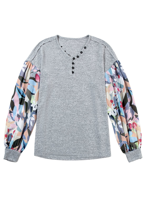 Gray Floral Lantern Sleeve Patchwork Buttoned V Neck Top | Women