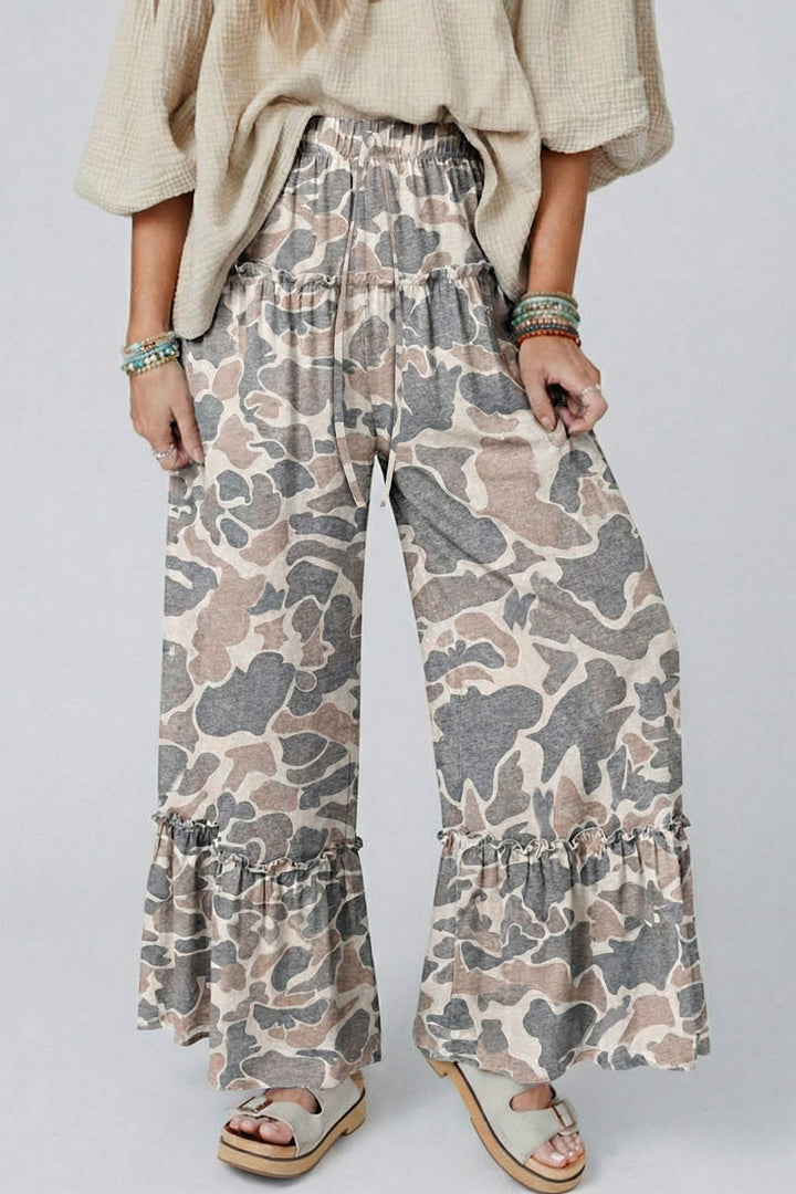Brown Camo Print Wide Leg Casual Pants