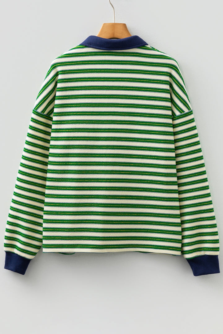 Racing Red Striped Print Contrast Collar Zip V Neck Long Sleeve Top