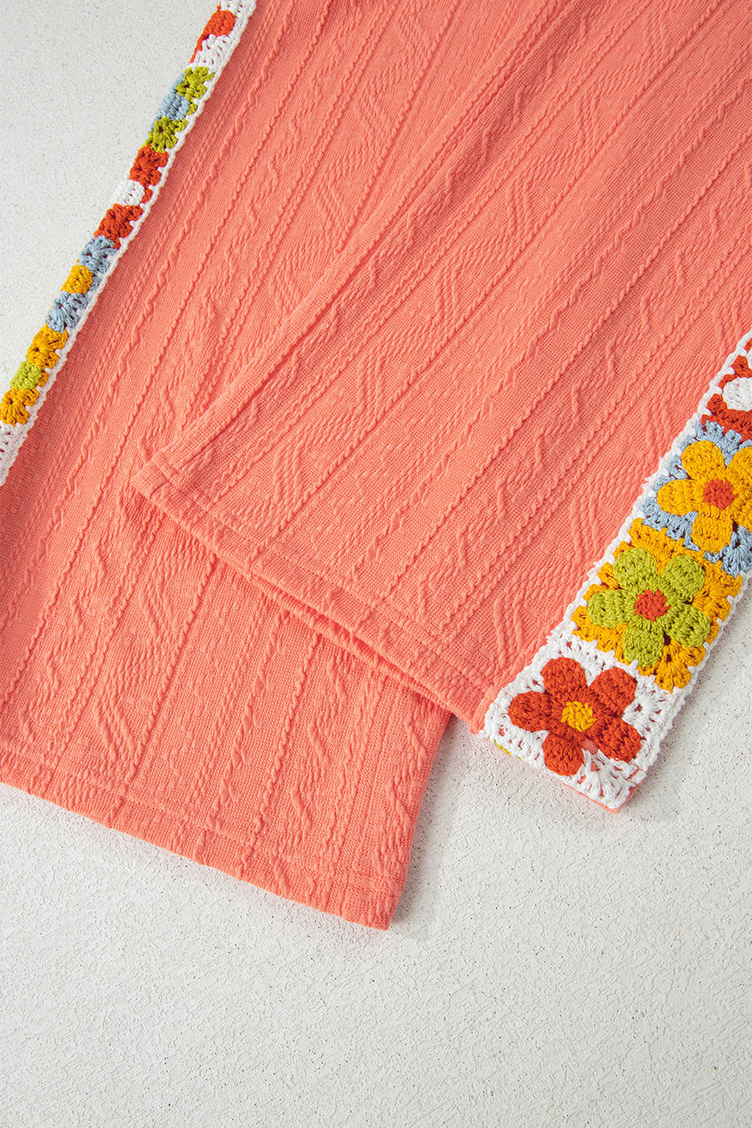 Grapefruit Orange Crochet Floral Accent V Neck Textured Pants Set