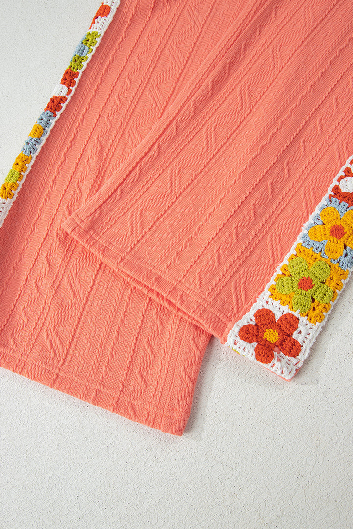 Grapefruit Orange Crochet Floral Accent V Neck Textured Pants Set