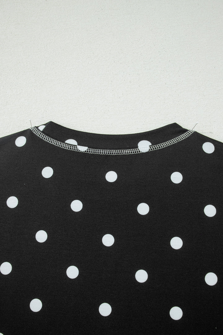 Black Exposed Seam Detail Polka Dot Loose Tee Drawstring Shorts Set