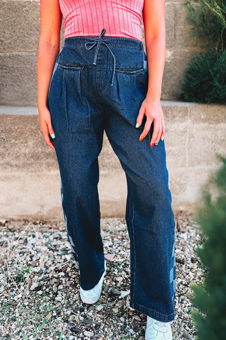 Sail Blue Checkered Side Panel Patchwork Drawstring Loose Denim Pants