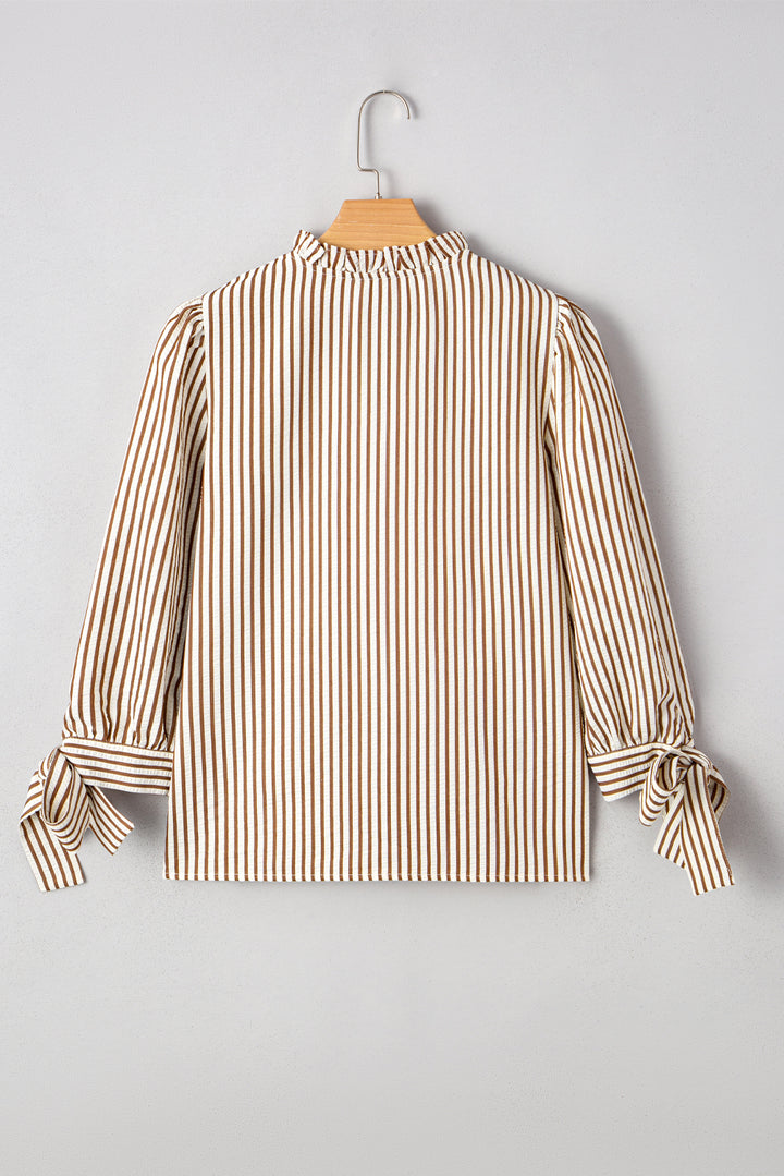 Straw Yellow Striped Print Tied Cuffs Split Neck Seersucker Blouse