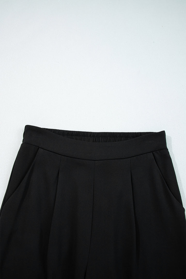 Black Pleated Detail Pull On High Elastic Waist Loose Straight Pants