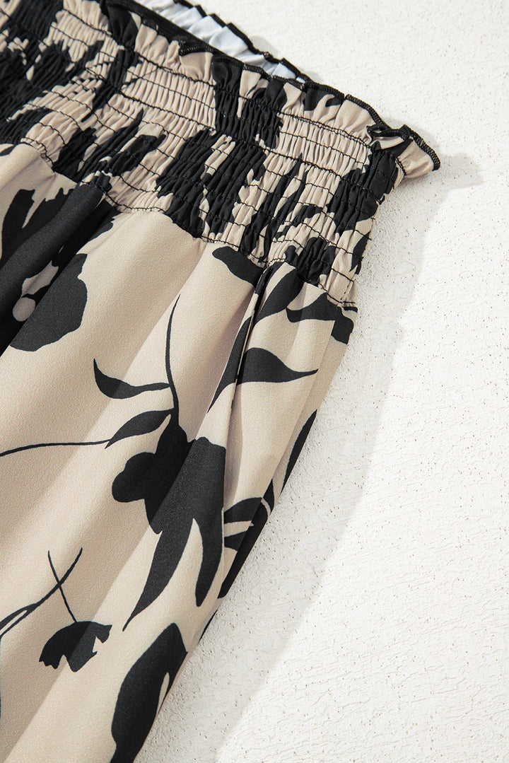 Khaki Floral Print Smocked High Waist Wide Leg Pants