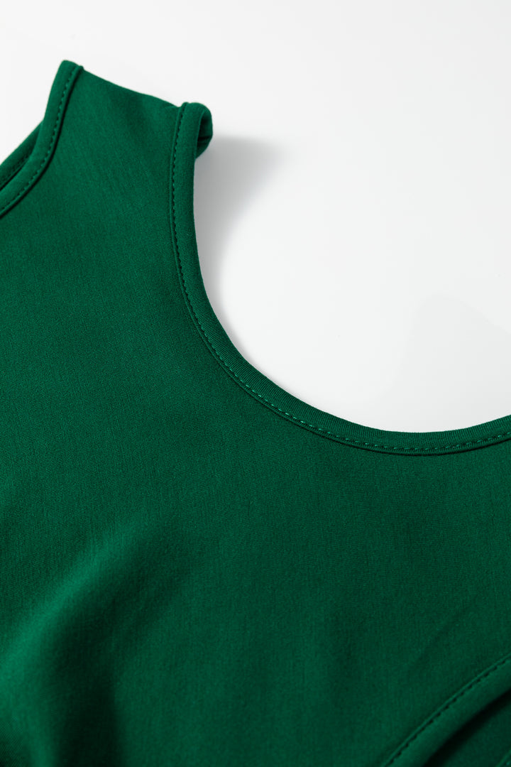 Blackish Green Solid Color Round Neck Ruched Detail Sleeveless Mini Dress