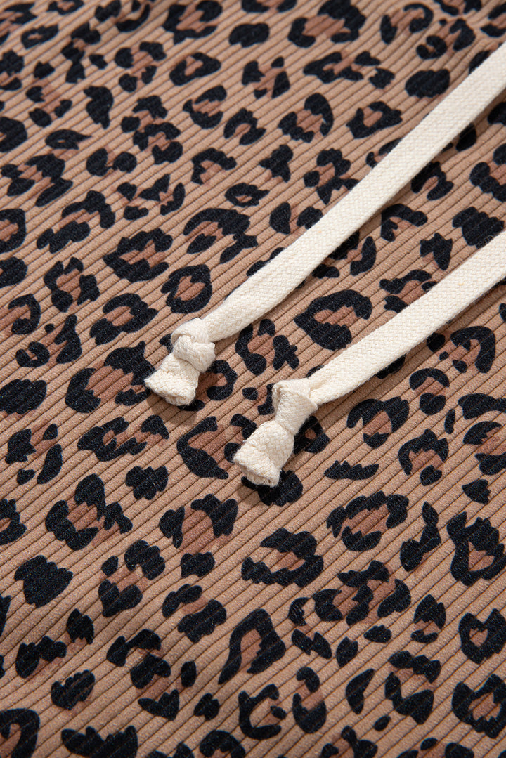 Khaki Ribbed Leopard Print Contrast Collar Zip Hooded Pullover Sweatshirt