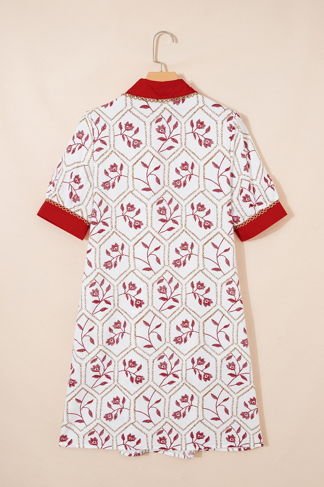 Red Geometric Floral Print Lace Trim Collared Short Sleeve Mini Dress