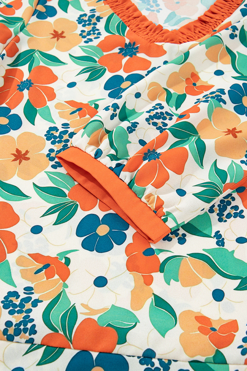 Orange Frilled V Neck Floral Print Bracelet Sleeve Blouse