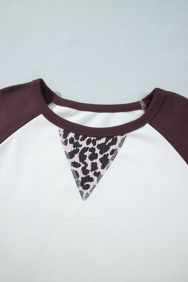 Beige Leopard Print Colorblock Round Neck Long Sleeve Plus Size Blouse