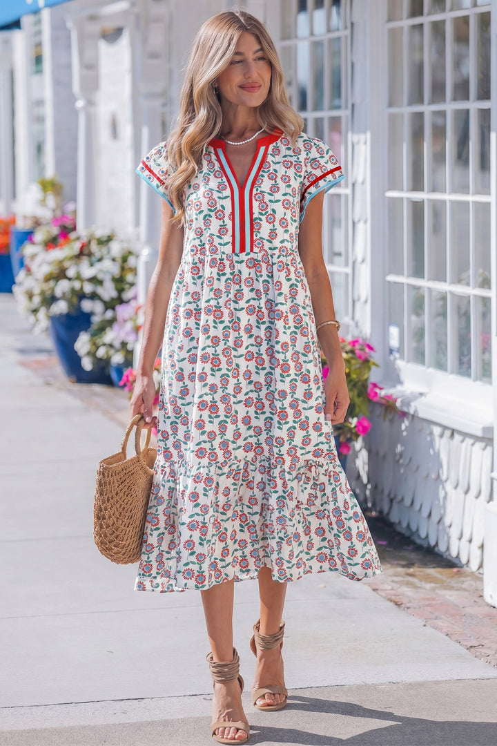 Sky Blue Cute Sunflower Printed Striped Patchwork Trim Flutter Sleeve Long Dress