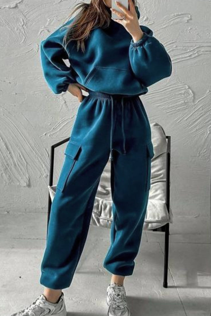 Peacock Blue Cozy Hooded Sweatshirt Drawstring Elastic Waistband Cargo Pant Set