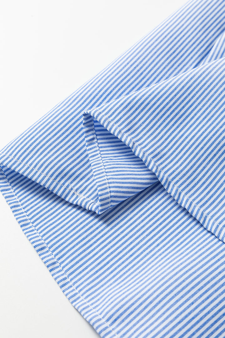 Sky Blue Stripe Shirred Detail Collar V Neck Plus Size Midi Dress