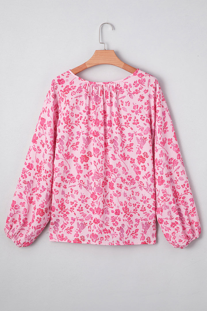 Pink Floral Puff Sleeve Split Neck Lightweight Blouse