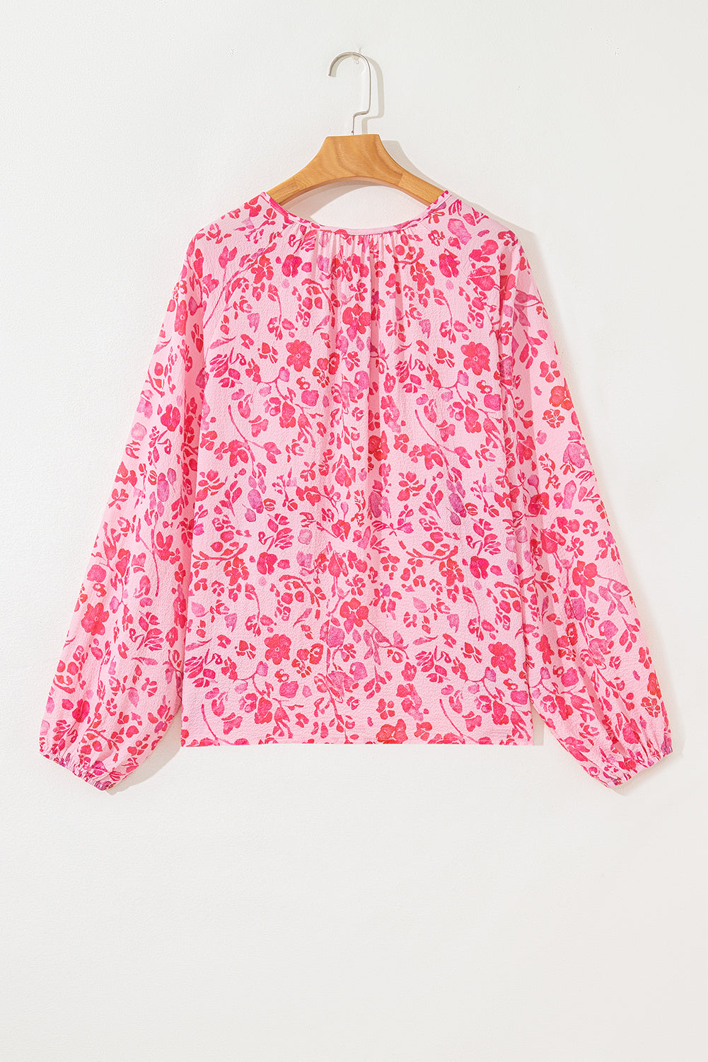 Pink Floral Puff Sleeve Split Neck Lightweight Blouse