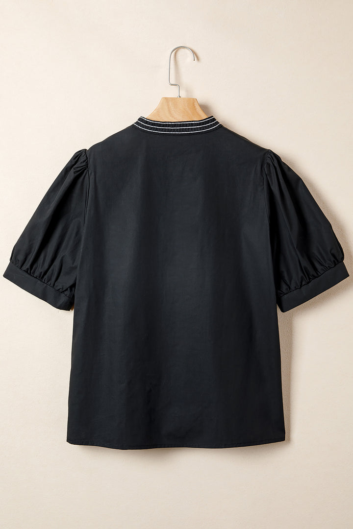 Black Short Puff Sleeve Contrast Embroidered Detail V Neck Blouse