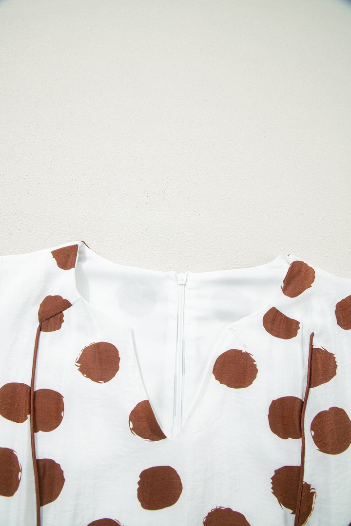 White Polka Dot Printed V Neck Short Sleeve Tie Waist Midi Dress
