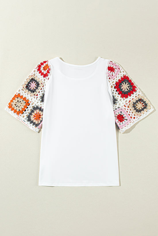 White Floral Crochet Short Sleeve Top | Women