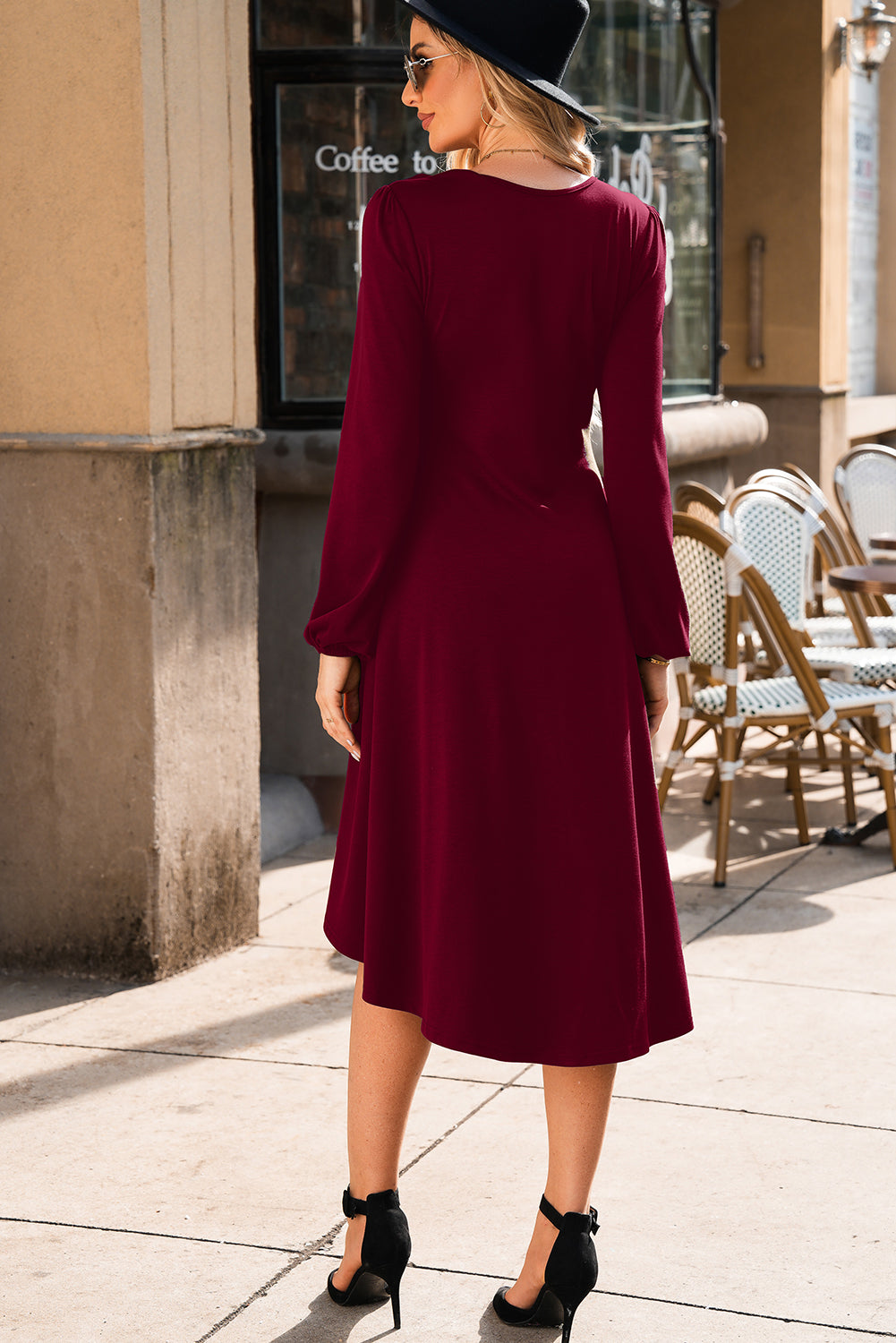 Burgundy Solid Color Ruched Detail Long Sleeve Midi Dress