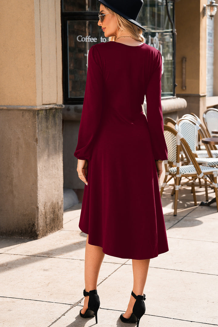 Burgundy Solid Color Ruched Detail Long Sleeve Midi Dress