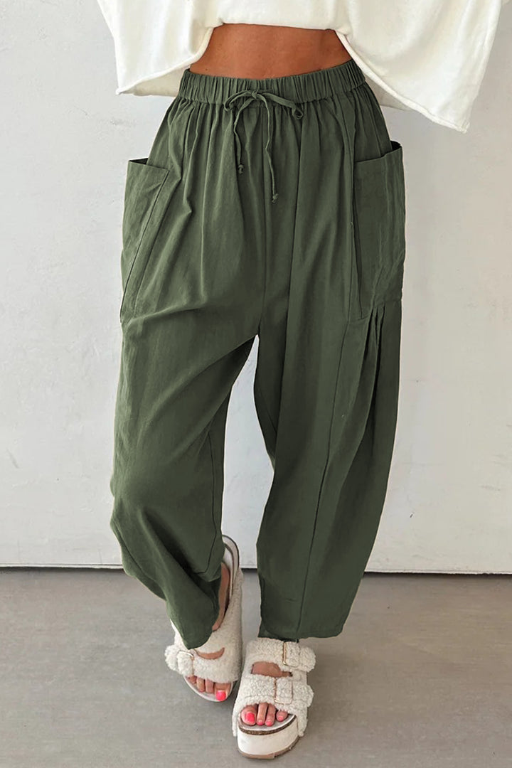 Jungle Green Drawstring Elastic Waist Patch Pocket Barrel Leg Casual Pants