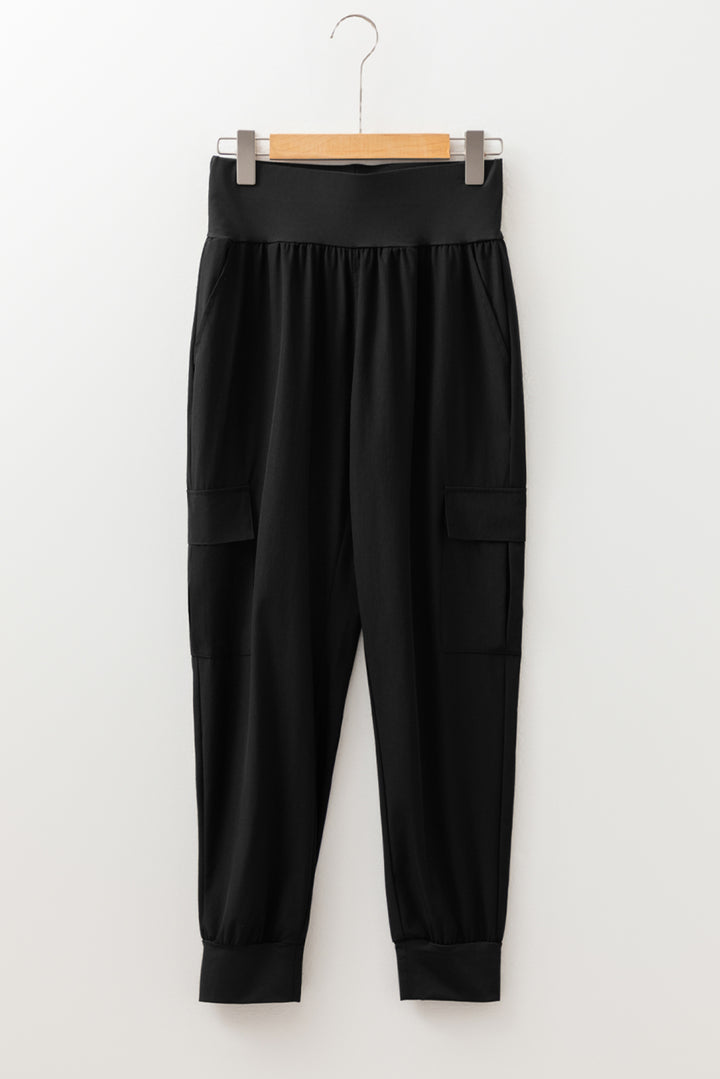 Black Elastic High Waist Pocketed Cargo Jogger Pants