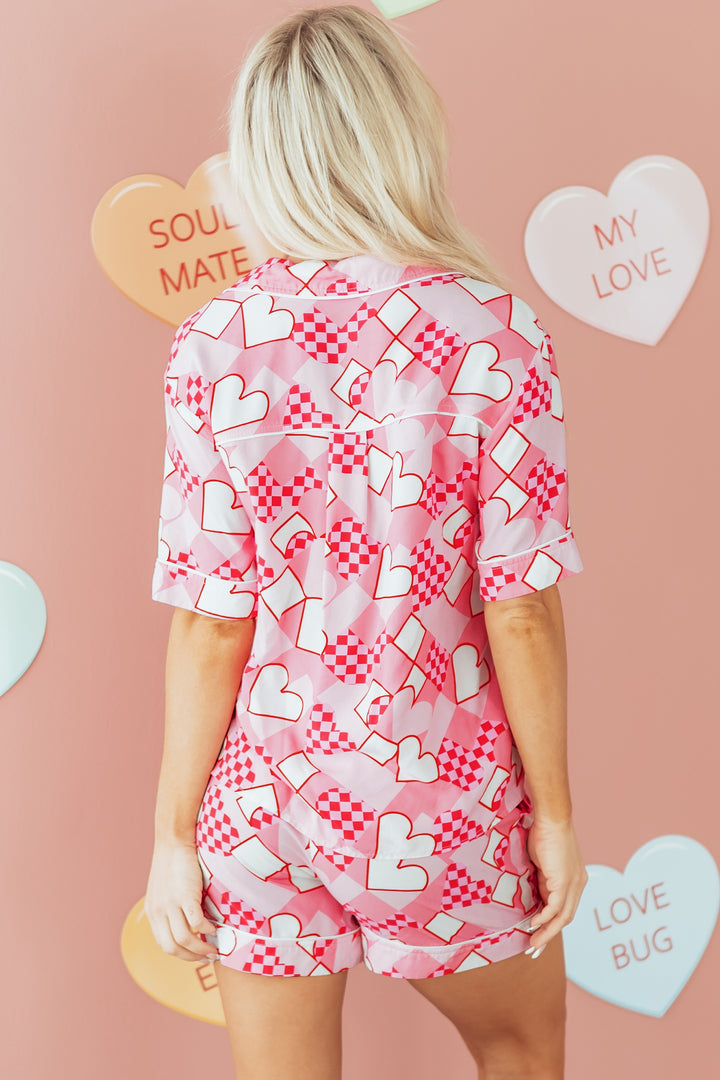 Pink Heart Print Shirt Style Silky Short Pajama Set