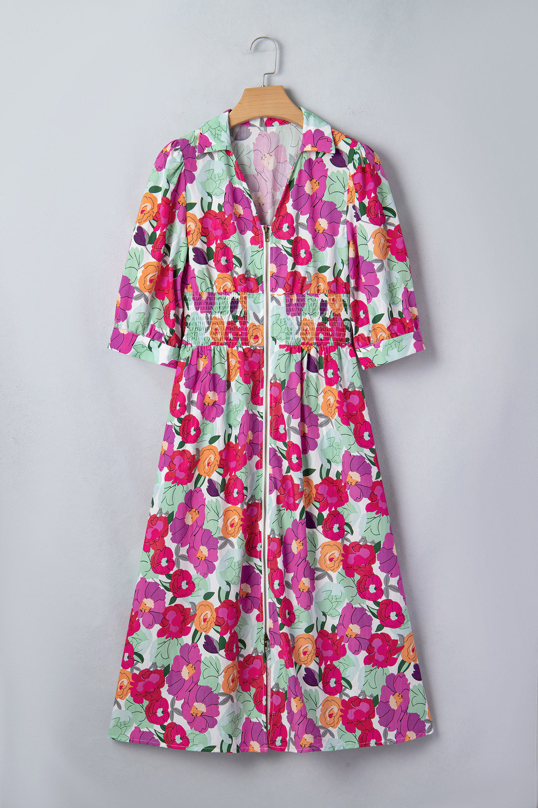 Rose Vibrant Floral Print V Neck Zip Up Puffy Half Sleeve Dress