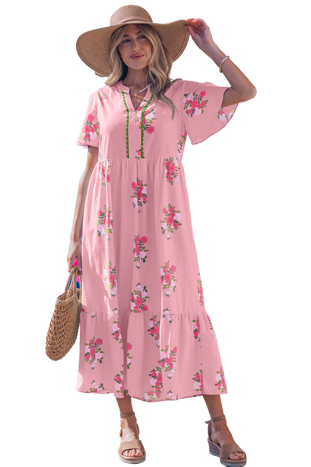 Pink Notched Neck Flutter Short Sleeve Floral Print Maxi Dress