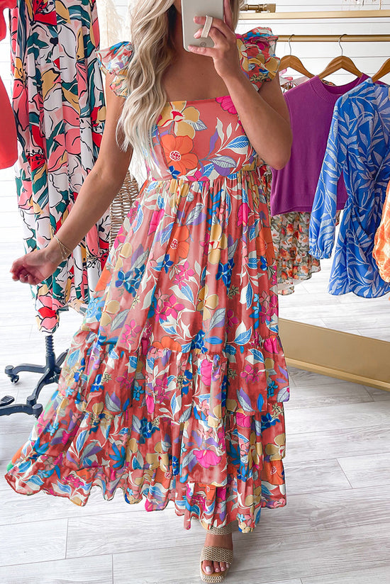 Pink Floral Print Sleeveless Ruffle Tiered Maxi Dress | Women