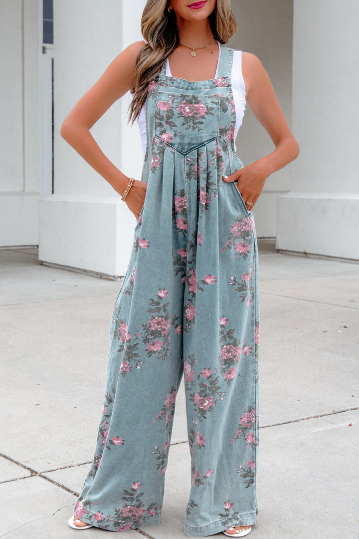 Beau Blue Floral Print Pleated High Waist Wide Leg Denim Jumpsuit