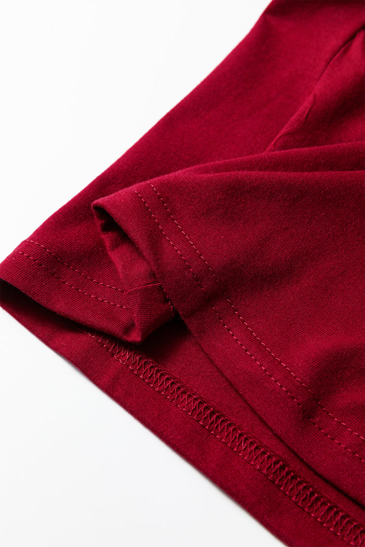 Burgundy Plus Size Solid Color Asymmetric Neck Short Sleeve Blouse