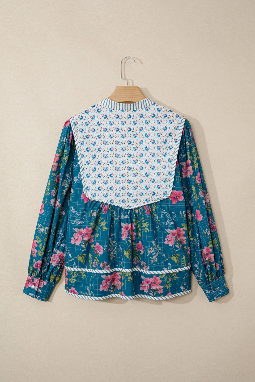 Sky Blue Floral Print Contrast Yoke Patchwork Striped Trim Long Puff Sleeve Blouse